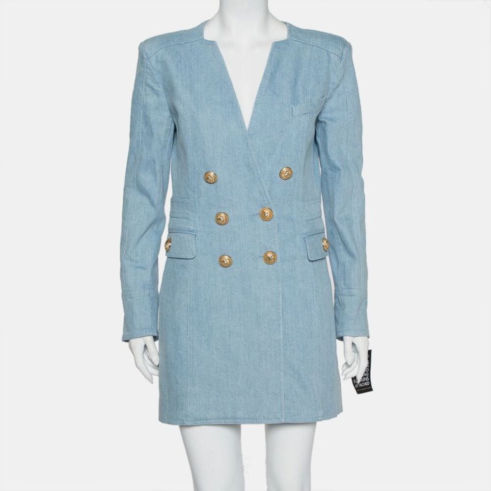 Balmain Blue Denim Double Breasted Mini Dress L